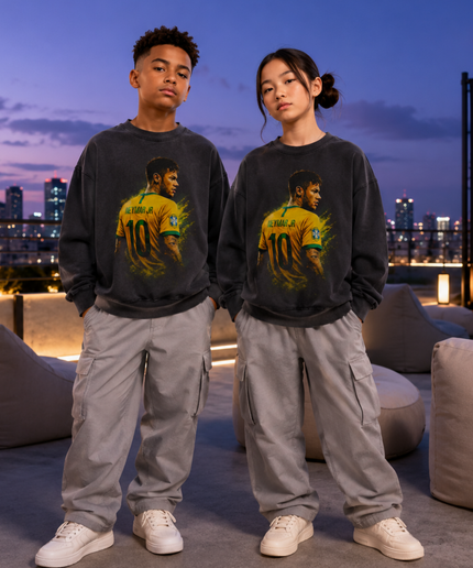 Neymar Jr Brazil #10 Back-Pose Kit Gold Paint Splash Washed Black Kids Fan Crewneck