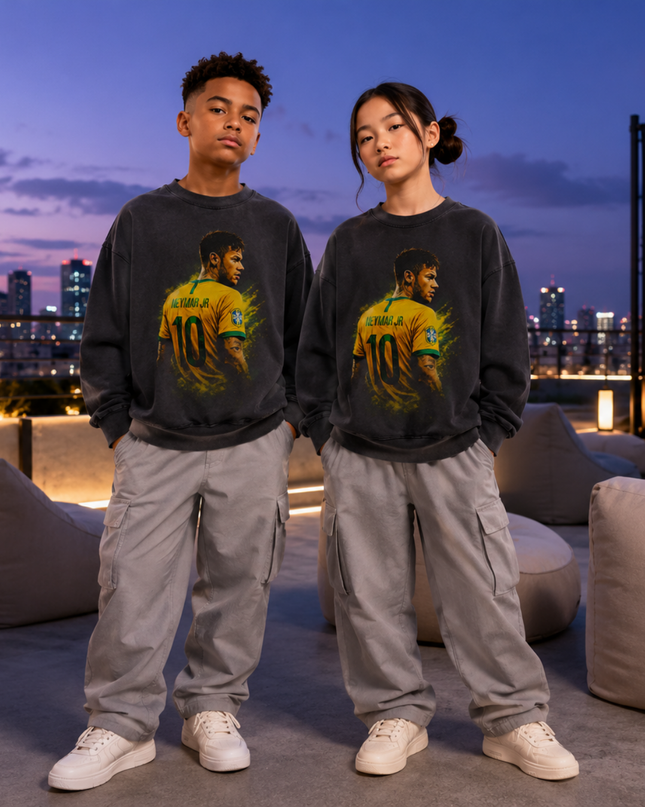 Neymar Jr Brazil #10 Back-Pose Kit Gold Paint Splash Washed Black Kids Fan Crewneck