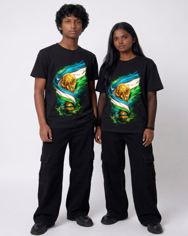 T-shirt unisexe fan Coupe du Monde de Football 2026 édition artistique drapeau et trophée Ouzbékistan