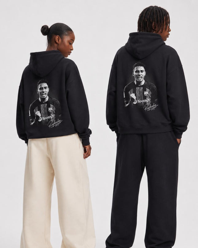 Raphinha Barcelona Roaring Celebration B&W Signature Portrait Unisex Fan Hoodie