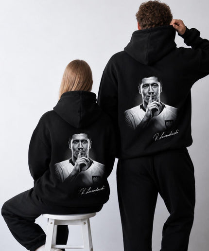Sweat à capuche unisexe Robert Lewandowski B&W Shhh Silence Celebration Signature Portrait pour fan