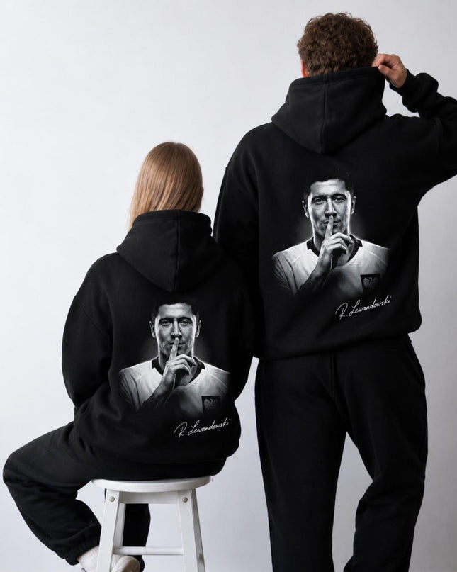 Robert Lewandowski B&W Shhh Silence Celebration Signature Portrait Unisex Fan Hoodie