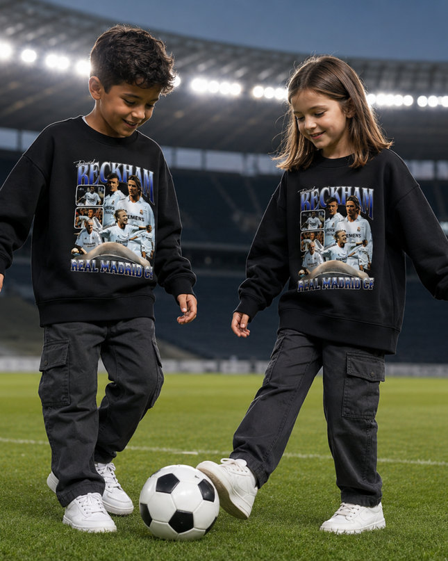 David Beckham Real Madrid Manchester United PSG Multi-Club Blue White Vintage Bootleg Collage Kids Fan Crewneck