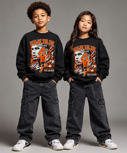 Virgil Van Dijk Nederland #4 The Captain Orange Fire Dutch Flag Lightning World Cup 2026 Kids Fan Crewneck
