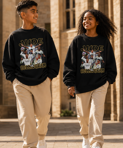 Jude Bellingham Real Madrid Gold Black Vintage Rap Bootleg Multi-Pose Collage Kids Fan Crewneck