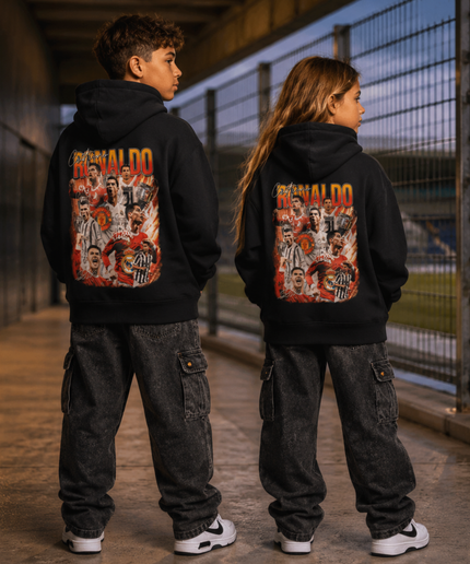 Cristiano Ronaldo Orange Flame Multi-Era Career Collage Kids Fan Hoodie