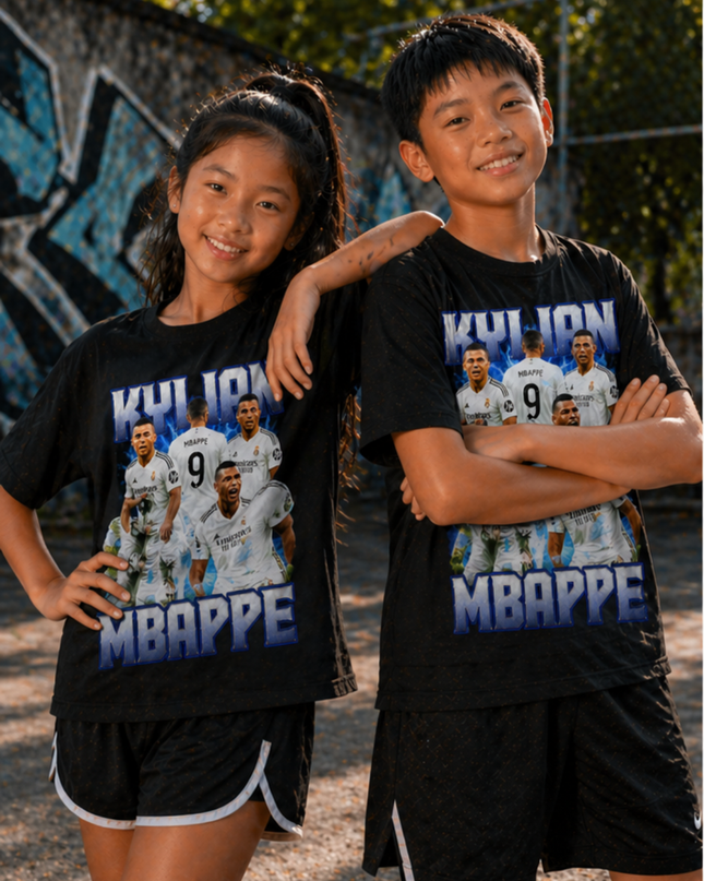 T-shirt Enfant Kylian Mbappé Real Madrid #9 Éclair Bleu