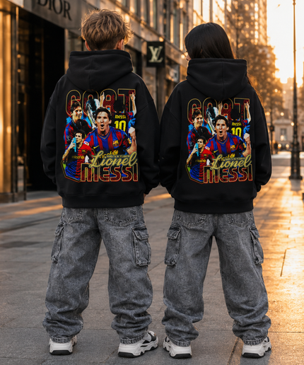 Lionel Messi Barcelona GOAT #10 Vintage Bootleg Collage Kids Fan Hoodie