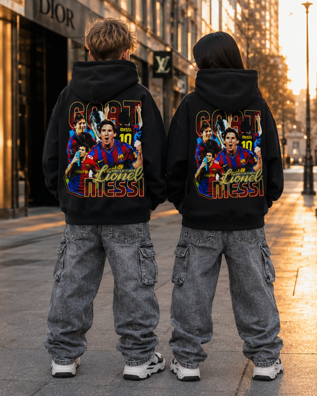 Lionel Messi Barcelone GOAT #10 Hoodie Enfant Fan Vintage Bootleg Collage