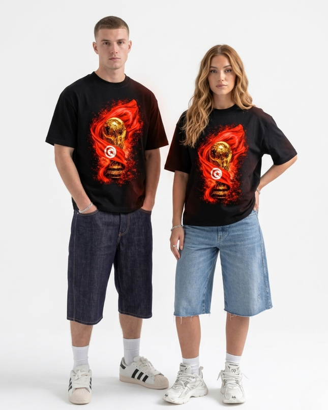 T-shirt unisexe Coupe du Monde de football 2026 Drapeau Tunisie et Flamme du trophée Édition Fan