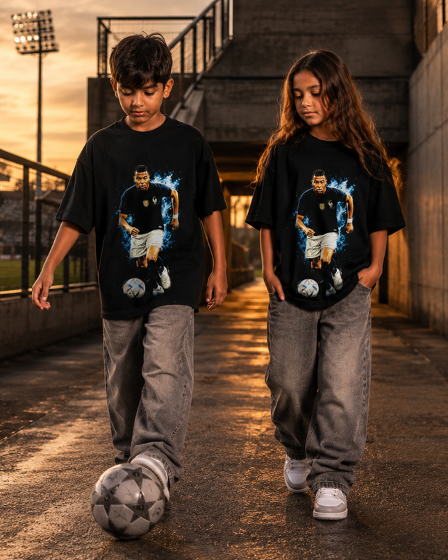 Kylian Mbappé France Blue Lightning Action Kids Fan T-Shirt
