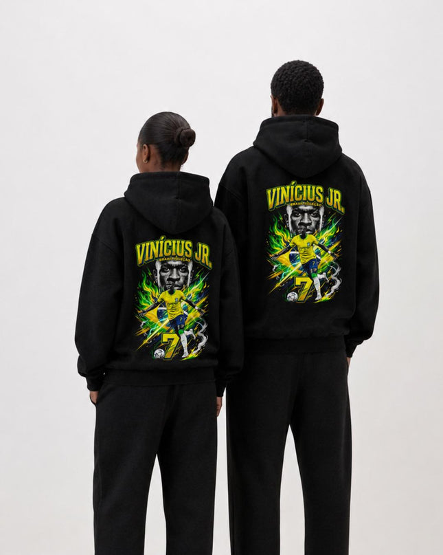 Vinicius Jr. #7 Brazil Green Fire Lightning Portrait Unisex Fan Hoodie