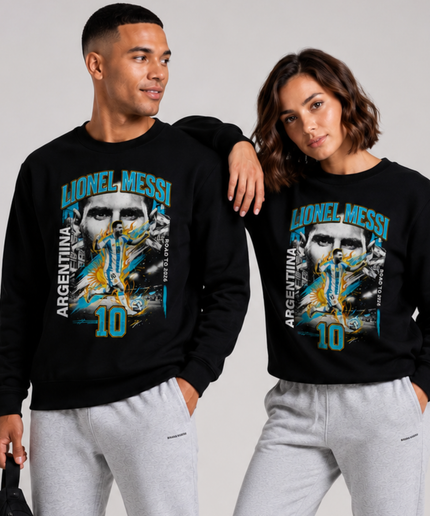 Lionel Messi Argentina Road to 2026 Blue Gold Fire Face Action Unisex Fan Crewneck