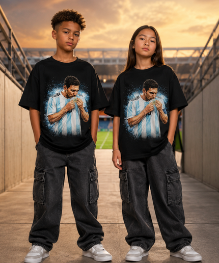 Lionel Messi Argentina World Cup Trophy Kiss Blue Splash Kids Fan T-Shirt