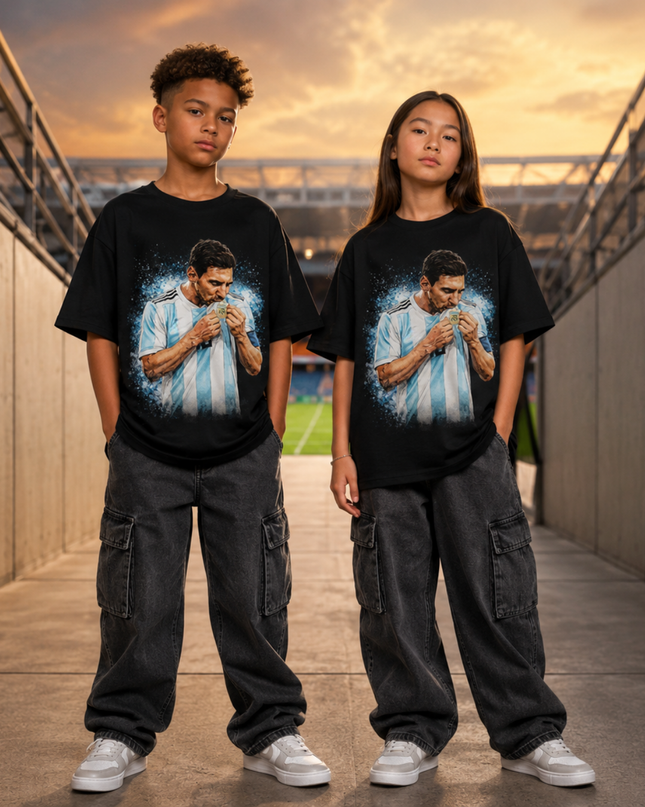 T-shirt Enfant Lionel Messi Argentine Coupe du Monde Trophée Baiser Éclaboussure Bleue