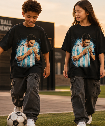 Lionel Messi Argentina World Cup Trophy Kiss Blue Splash Kids Fan T-Shirt