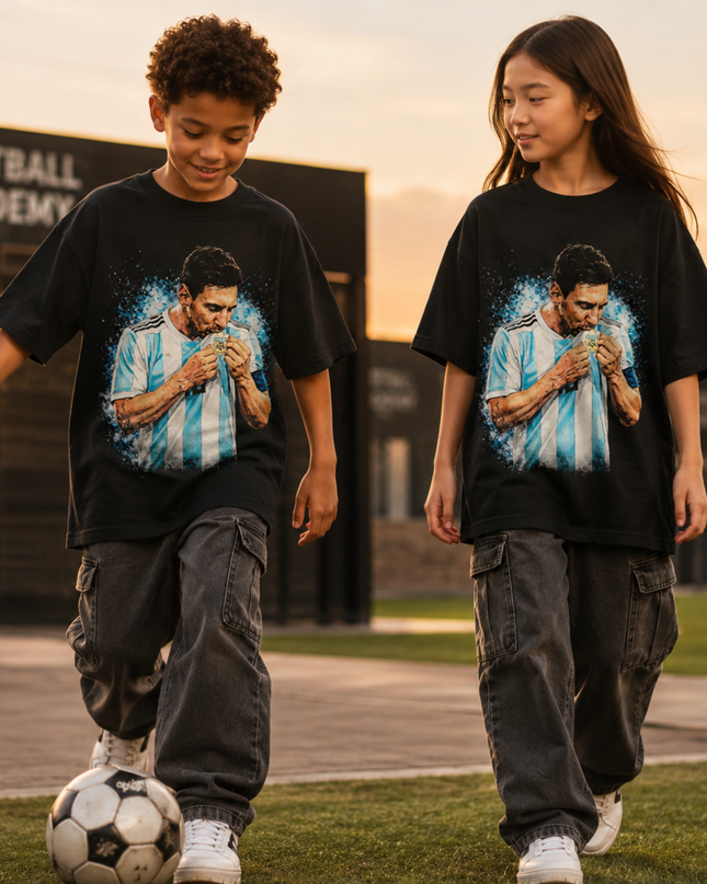 T-shirt Enfant Lionel Messi Argentine Coupe du Monde Trophée Baiser Éclaboussure Bleue