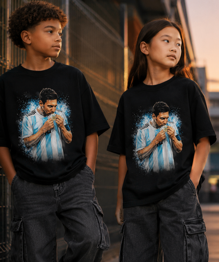 Lionel Messi Argentina World Cup Trophy Kiss Blue Splash Kids Fan T-Shirt