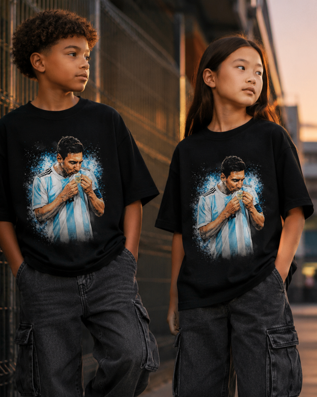 T-shirt Enfant Lionel Messi Argentine Coupe du Monde Trophée Baiser Éclaboussure Bleue