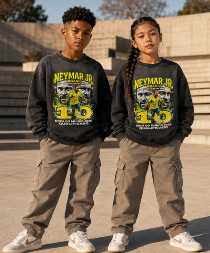 Neymar Jr Brasil #10 Seleção Brasileira Copa do Mundo 2026 Qualificado Green Fire Face Portrait Washed Black Kids Fan Crewneck