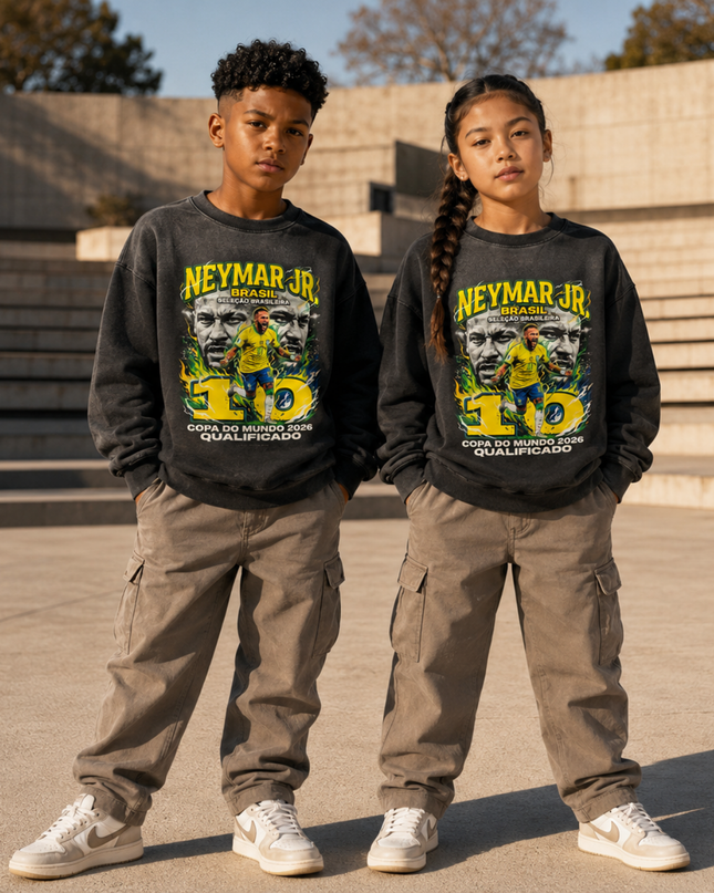 Neymar Jr Brasil #10 Seleção Brasileira Copa do Mundo 2026 Qualificado Green Fire Face Portrait Washed Black Kids Fan Crewneck
