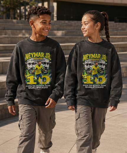 Neymar Jr Brasil #10 Seleção Brasileira Copa do Mundo 2026 Qualificado Green Fire Face Portrait Washed Black Kids Fan Crewneck