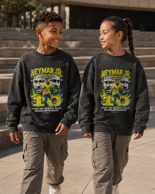 Neymar Jr Brasil #10 Seleção Brasileira Copa do Mundo 2026 Qualificado Green Fire Face Portrait Washed Black Kids Fan Crewneck