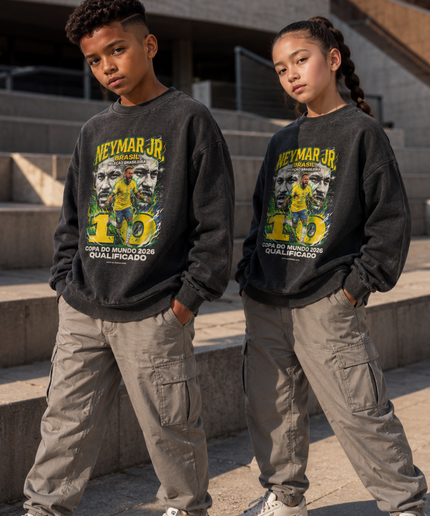 Neymar Jr Brasil #10 Seleção Brasileira Copa do Mundo 2026 Qualificado Green Fire Face Portrait Washed Black Kids Fan Crewneck