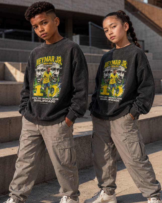 Neymar Jr Brasil #10 Seleção Brasileira Copa do Mundo 2026 Qualificado Green Fire Face Portrait Washed Black Kids Fan Crewneck