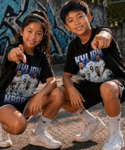 Kylian Mbappé Real Madrid #9 Blue Lightning Kids Fan T-Shirt