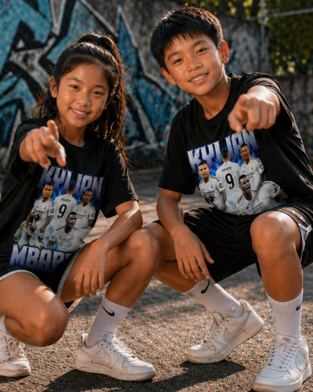 T-shirt Enfant Kylian Mbappé Real Madrid #9 Éclair Bleu