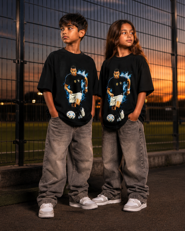 Kylian Mbappé France Blue Lightning Action Kids Fan T-Shirt