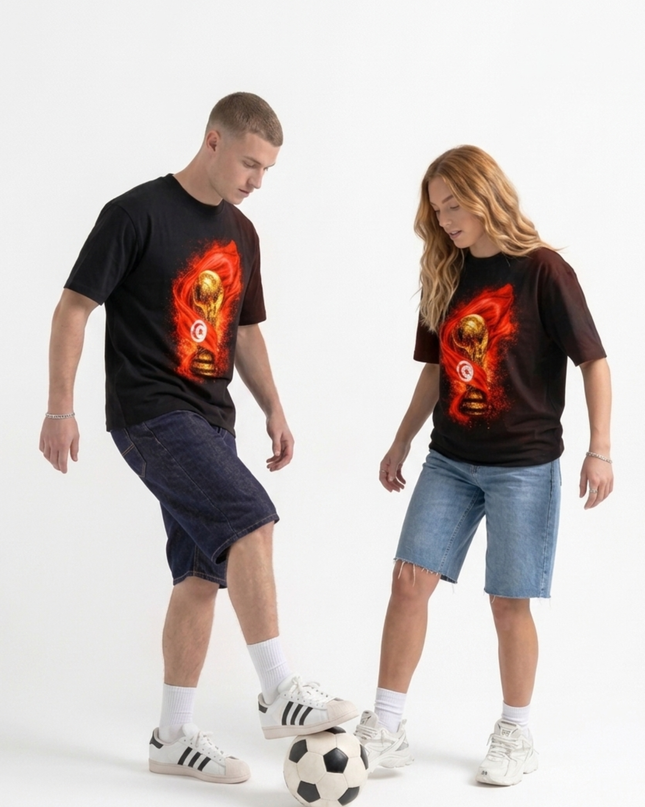 T-shirt unisexe Coupe du Monde de football 2026 Drapeau Tunisie et Flamme du trophée Édition Fan
