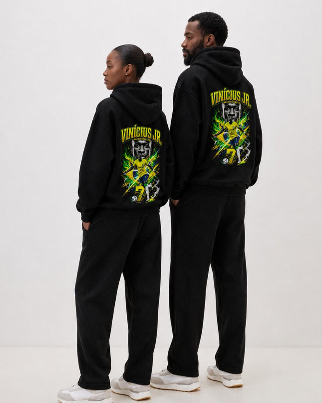 Vinicius Jr. #7 Brazil Green Fire Lightning Portrait Unisex Fan Hoodie