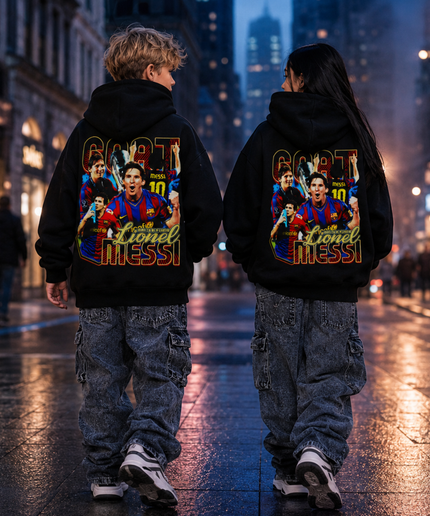 Lionel Messi Barcelona GOAT #10 Vintage Bootleg Collage Kids Fan Hoodie