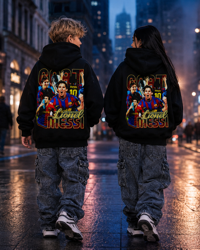 Lionel Messi Barcelone GOAT #10 Hoodie Enfant Fan Vintage Bootleg Collage