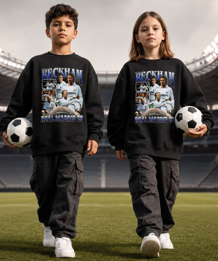 David Beckham Real Madrid Manchester United PSG Multi-Club Bleu Blanc Vintage Bootleg Collage Enfant Fan Col Rond