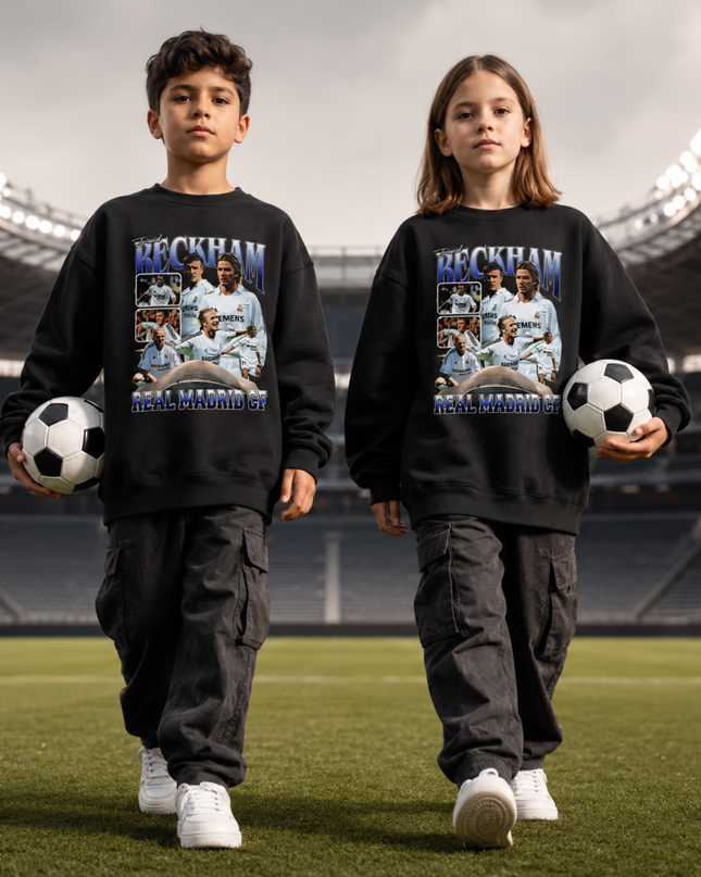 David Beckham Real Madrid Manchester United PSG Multi-Club Blue White Vintage Bootleg Collage Kids Fan Crewneck