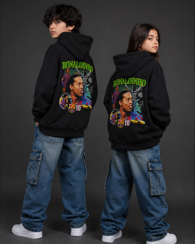 Sweat à capuche pour enfant Ronaldinho #10 Barcelone vert fluo