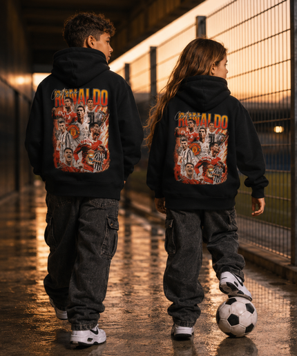 Cristiano Ronaldo Orange Flame Multi-Era Career Collage Kids Fan Hoodie