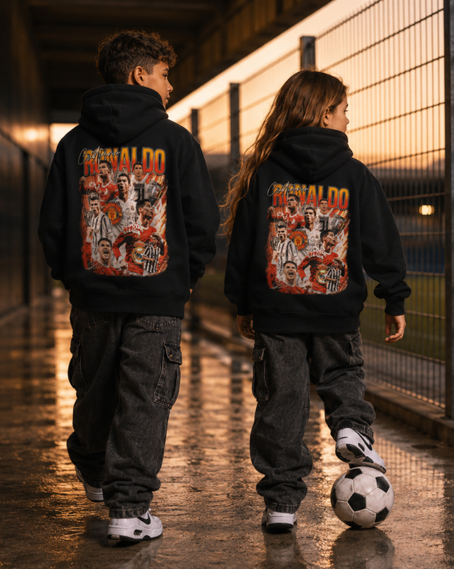 Cristiano Ronaldo Orange Flame Multi-Era Career Collage Kids Fan Hoodie