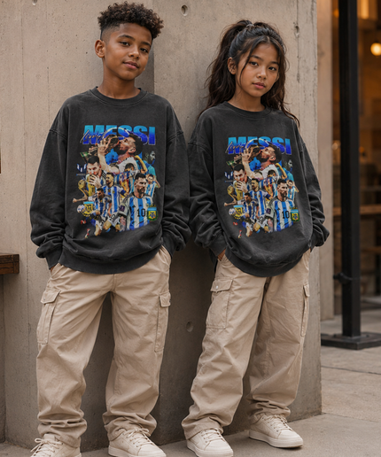 Lionel Messi Argentina #10 Blue Chrome World Cup Trophy Multi-Pose Washed Black Kids Fan Crewneck