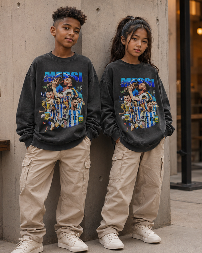 Lionel Messi Argentina #10 Blue Chrome World Cup Trophy Multi-Pose Washed Black Kids Fan Crewneck