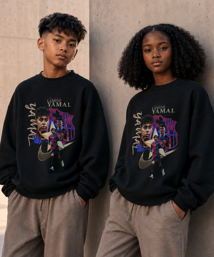 Lamine Yamal Barcelone Écusson Nike Collage Vintage Bootleg Enfants Fan Col Rond
