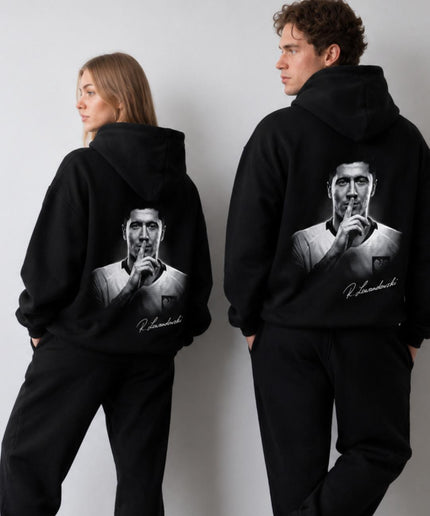 Sweat à capuche unisexe Robert Lewandowski B&W Shhh Silence Celebration Signature Portrait pour fan