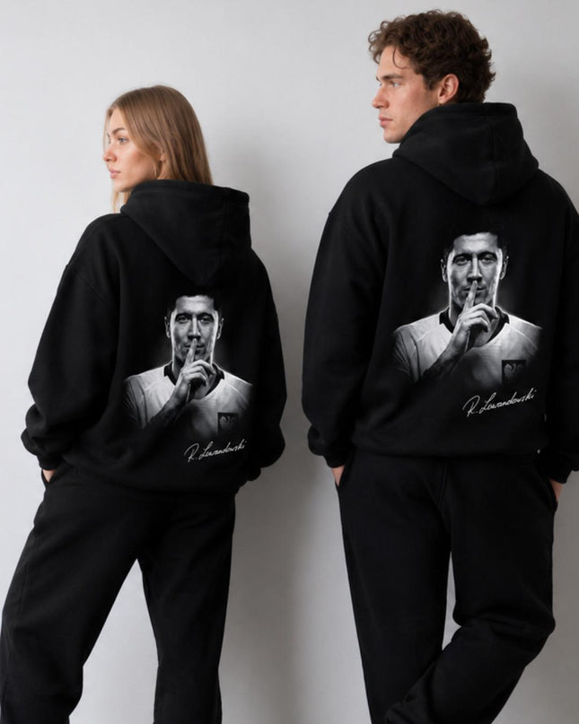 Robert Lewandowski B&W Shhh Silence Celebration Signature Portrait Unisex Fan Hoodie