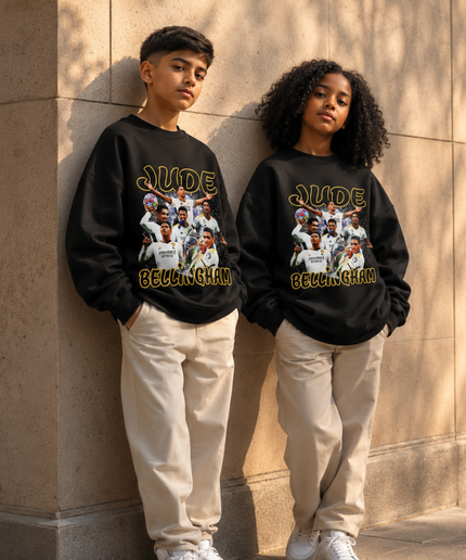 Jude Bellingham Real Madrid Gold Black Vintage Rap Bootleg Multi-Pose Collage Kids Fan Crewneck