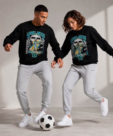 Lionel Messi Argentina Road to 2026 Blue Gold Fire Face Action Unisex Fan Crewneck