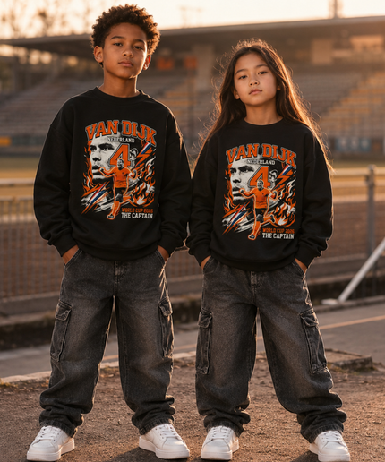 Virgil Van Dijk Nederland #4 The Captain Orange Fire Dutch Flag Lightning World Cup 2026 Kids Fan Crewneck