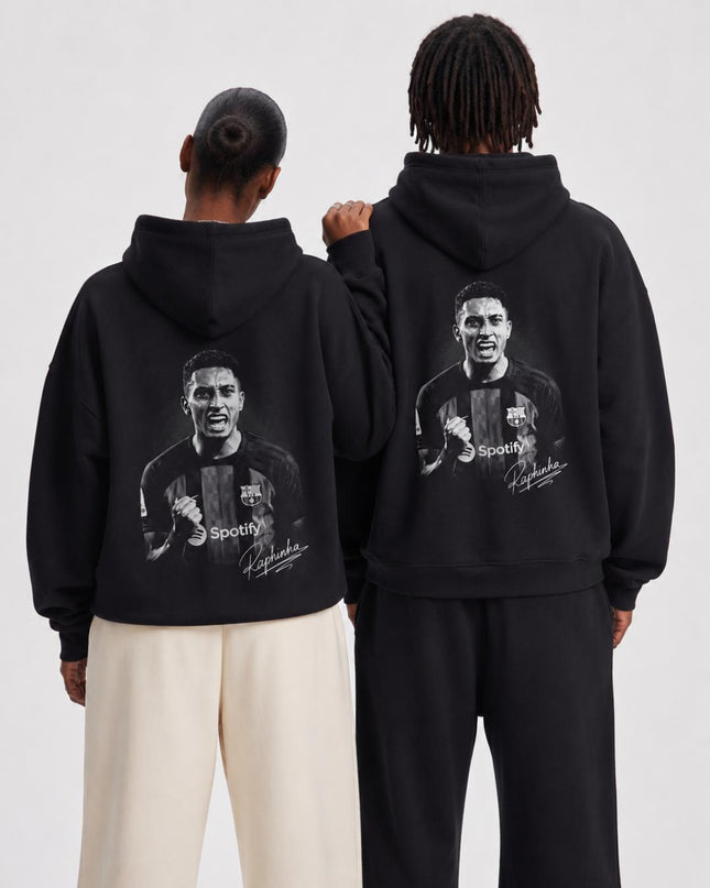 Raphinha Barcelona Roaring Celebration B&W Signature Portrait Unisex Fan Hoodie